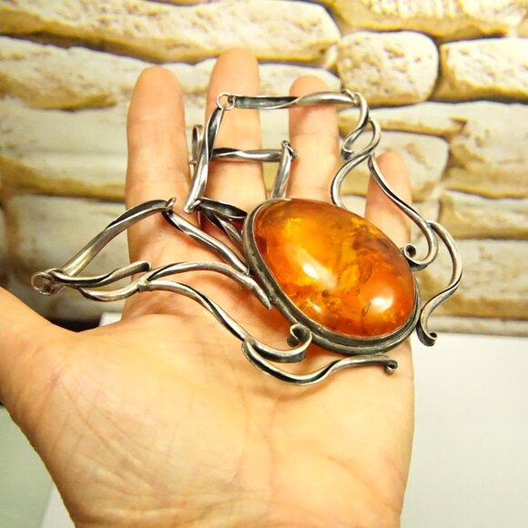 Giant Amber & 925 Sterling Silver Link Necklace - Rare Gift For Women - Picture 7 of 10